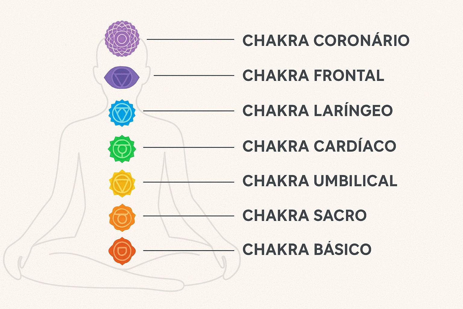 Mapa ilustrado dos 7 chakras principais utilizados no Reiki.